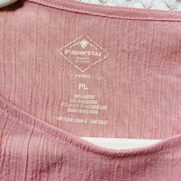 St. Johns Bay Pink Embroidered Bell Sleeve Blouse Petite L Rayon/Polyester - Picture 7 of 8